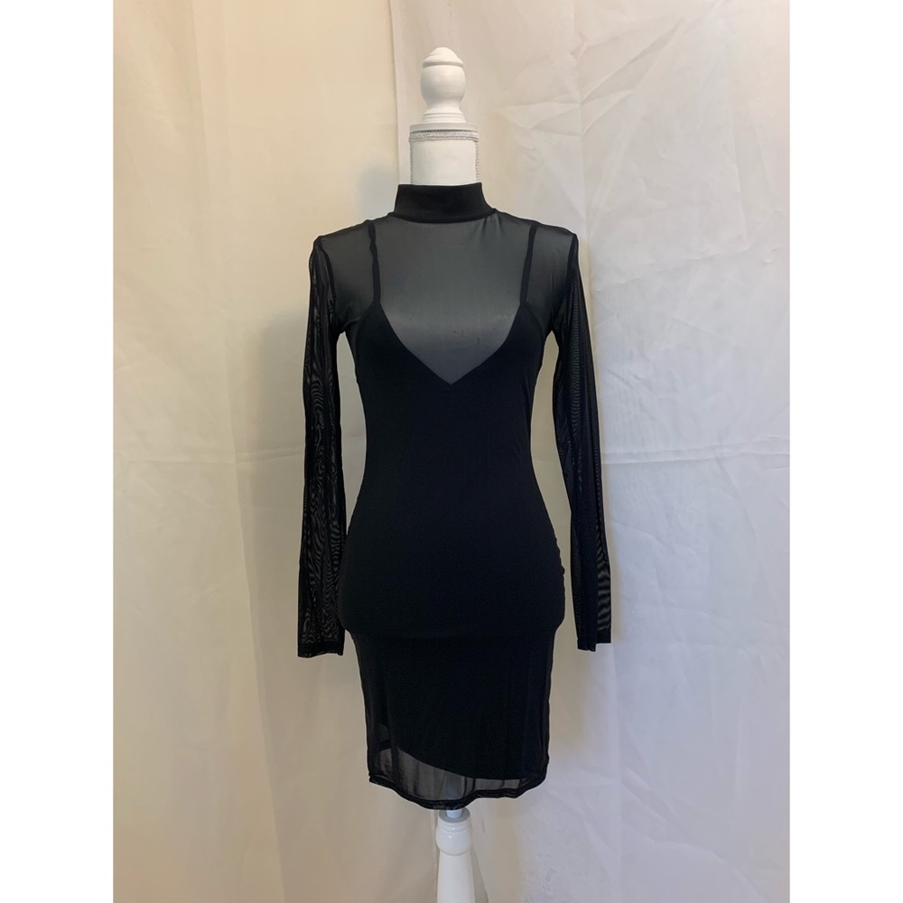 Petite High Neck Mesh Overlay Mini Dress